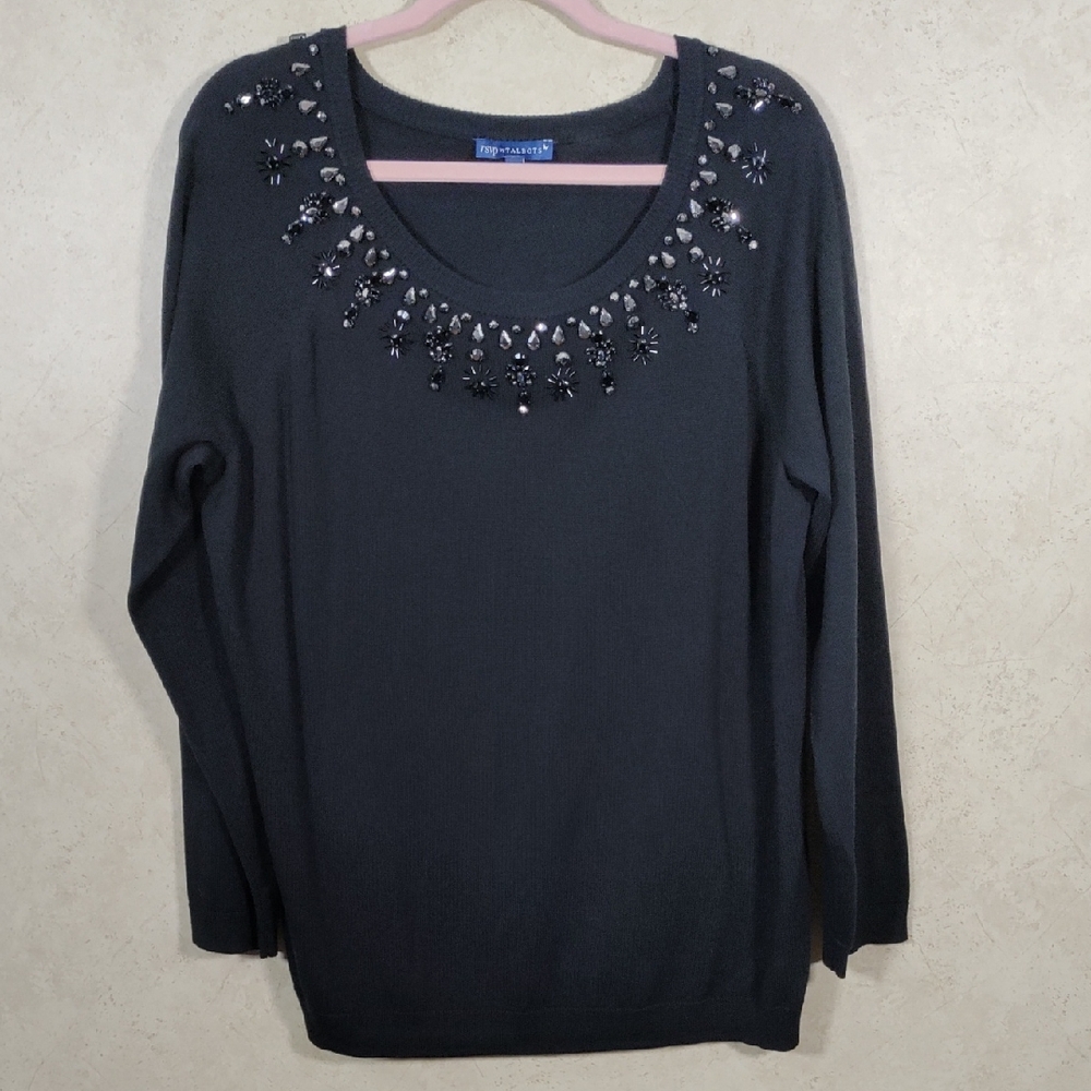 H194 RSVP by Talbots black beaded neck mostly cotton sweater P3X